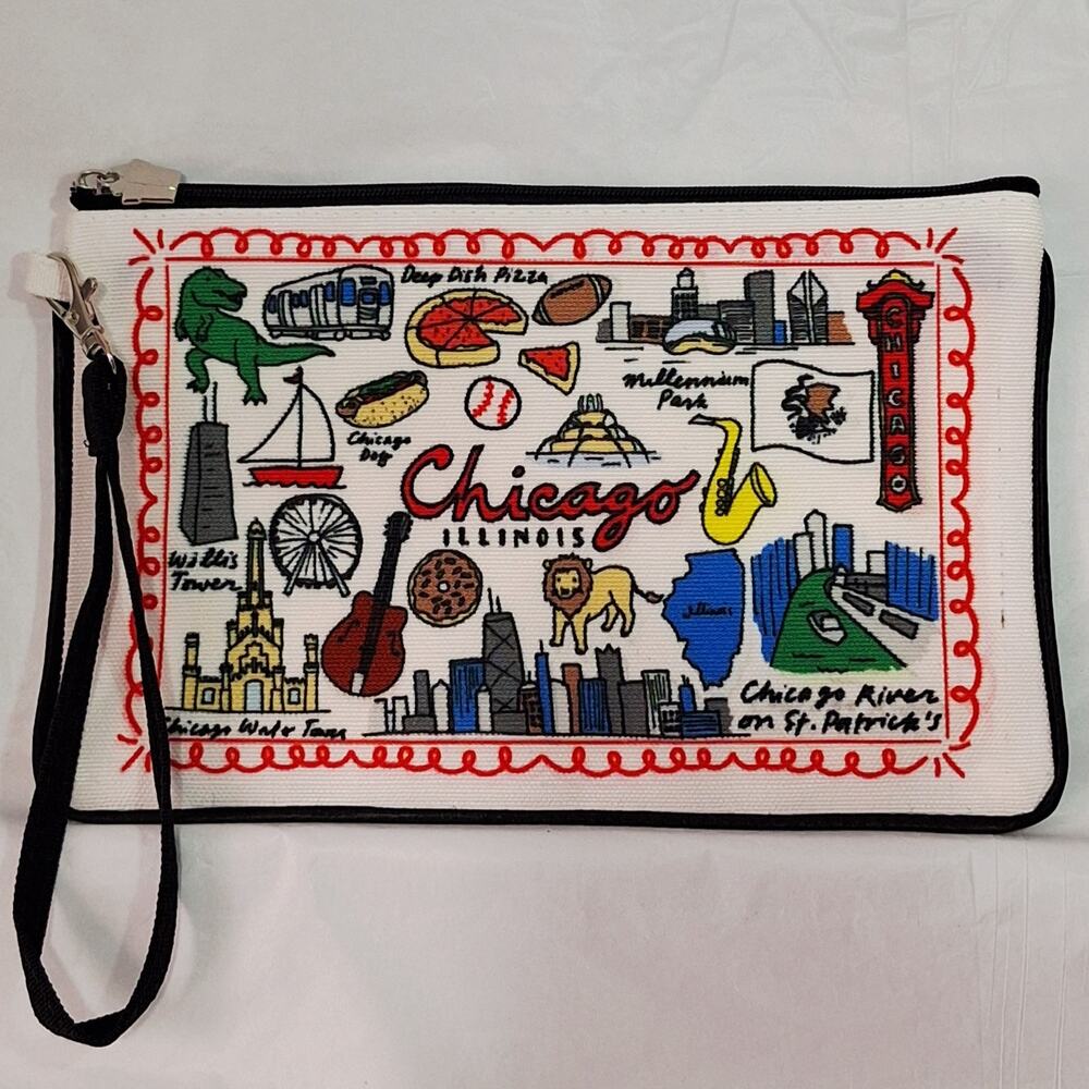 Wristlet Zipper Bag Hand Drawn Chicago Collage